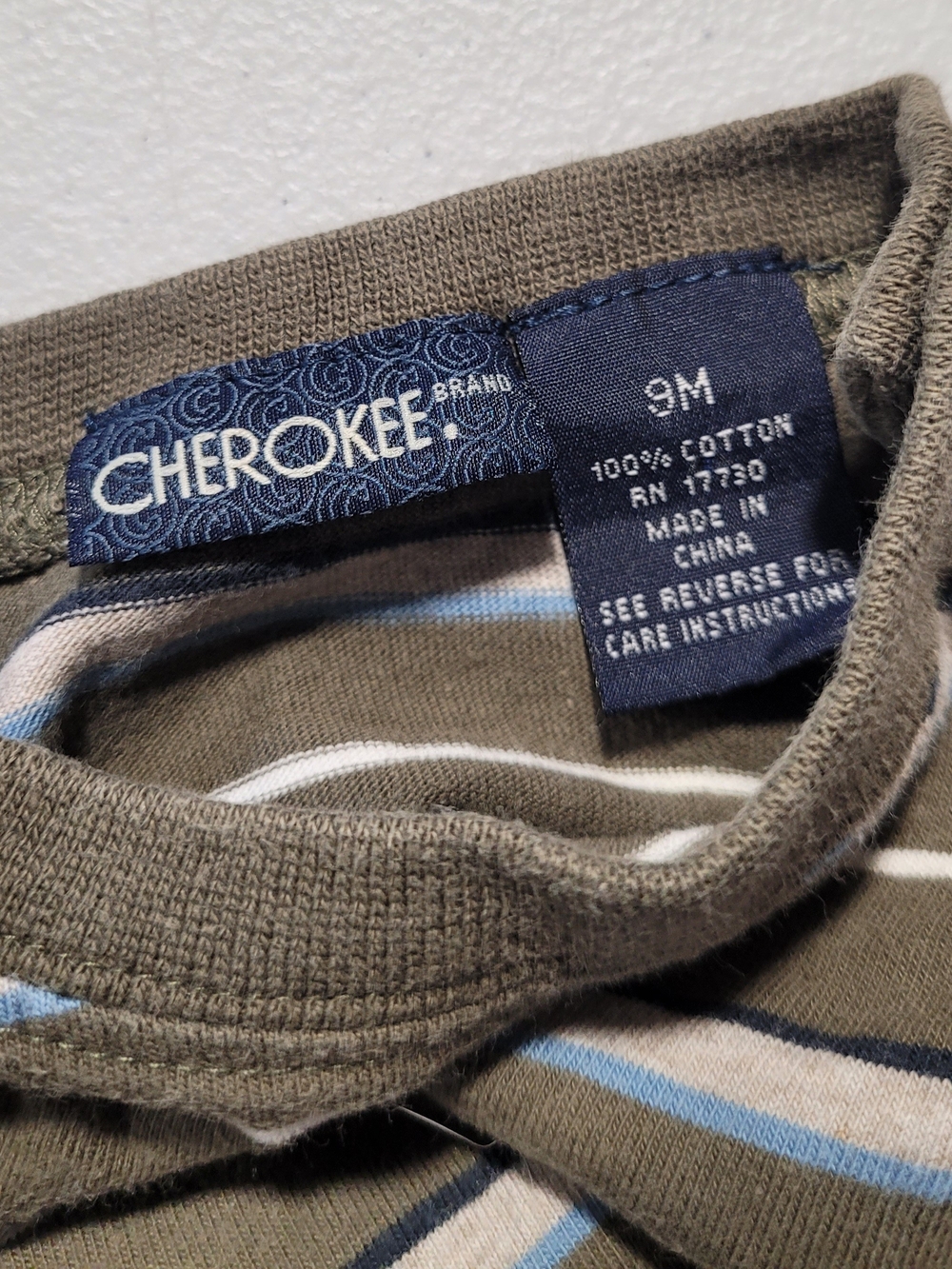 Cherokee Olive, White & Light Blue Striped Long-Sleeve Baby One-Piece - Picture 2 of 3